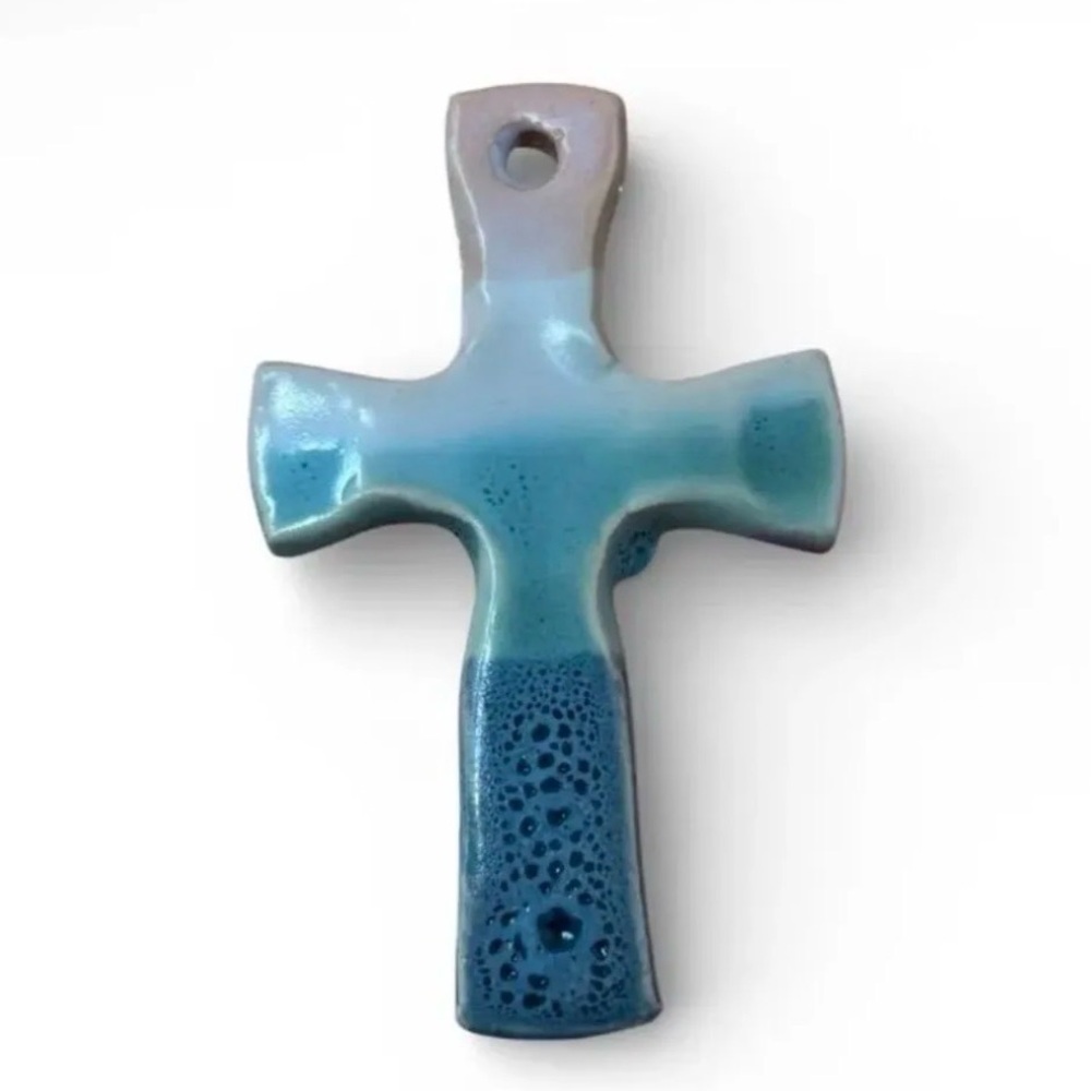 Vintage Artisan Handmade Blue Glazed Pottery Cross Pendant